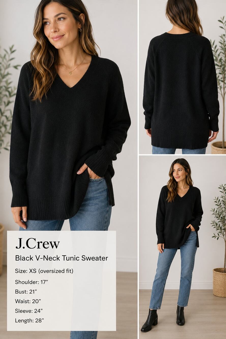 J.Crew Black Merino Wool Alpaca Blend V-Neck Tunic Sweater XXS | Style BB400